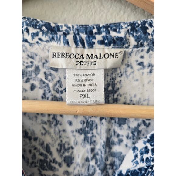 Rebecca Malone Petite Boho Blouse Blue White Border Print Rayon Top Size PXL - Picture 3 of 8
